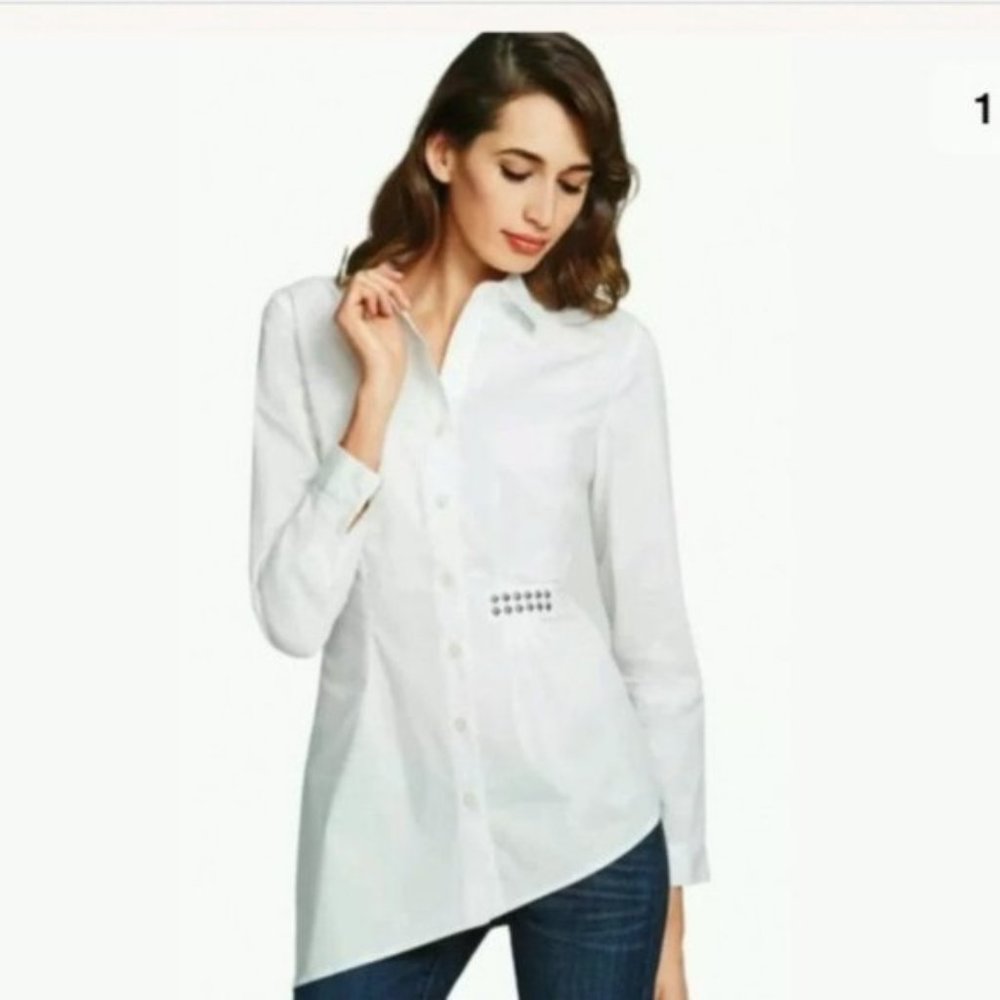 CAbi Button Down Asymmetrical Studded Shirt 1345